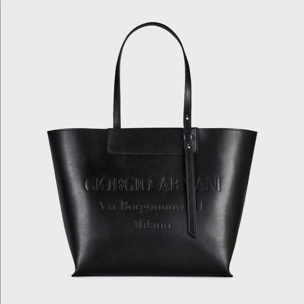 Giorgio Armani Leather Tote w Embossed Logo Black